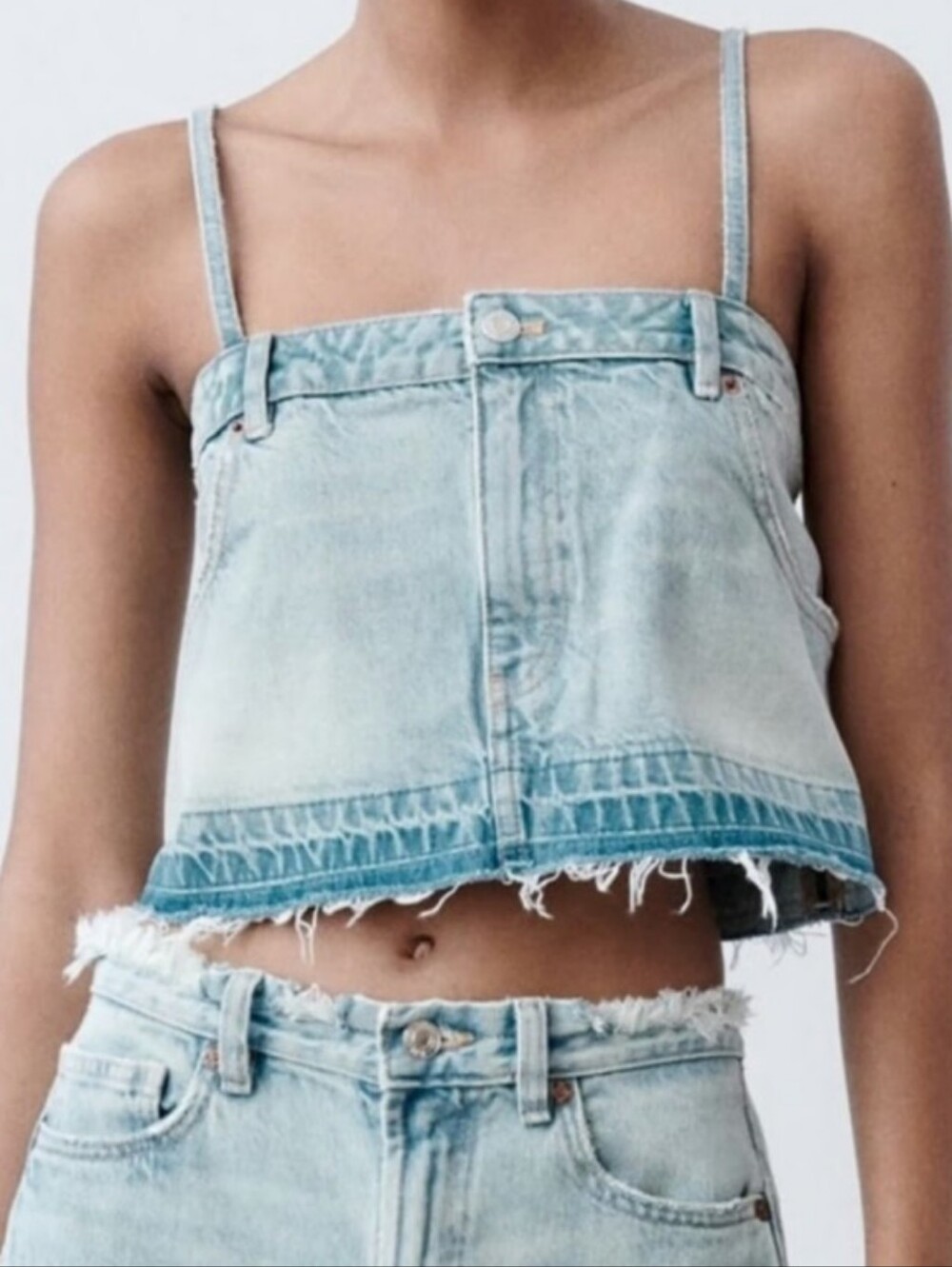 NWT Zara Light Wash Denim Crop Sleeveless Square Neck Tank Top - Women's Large